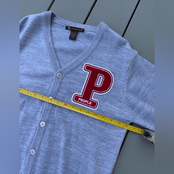 Vintage People Patch Letter Cardigan Gray Button Up Unisex Size Small - Picture 4 of 6